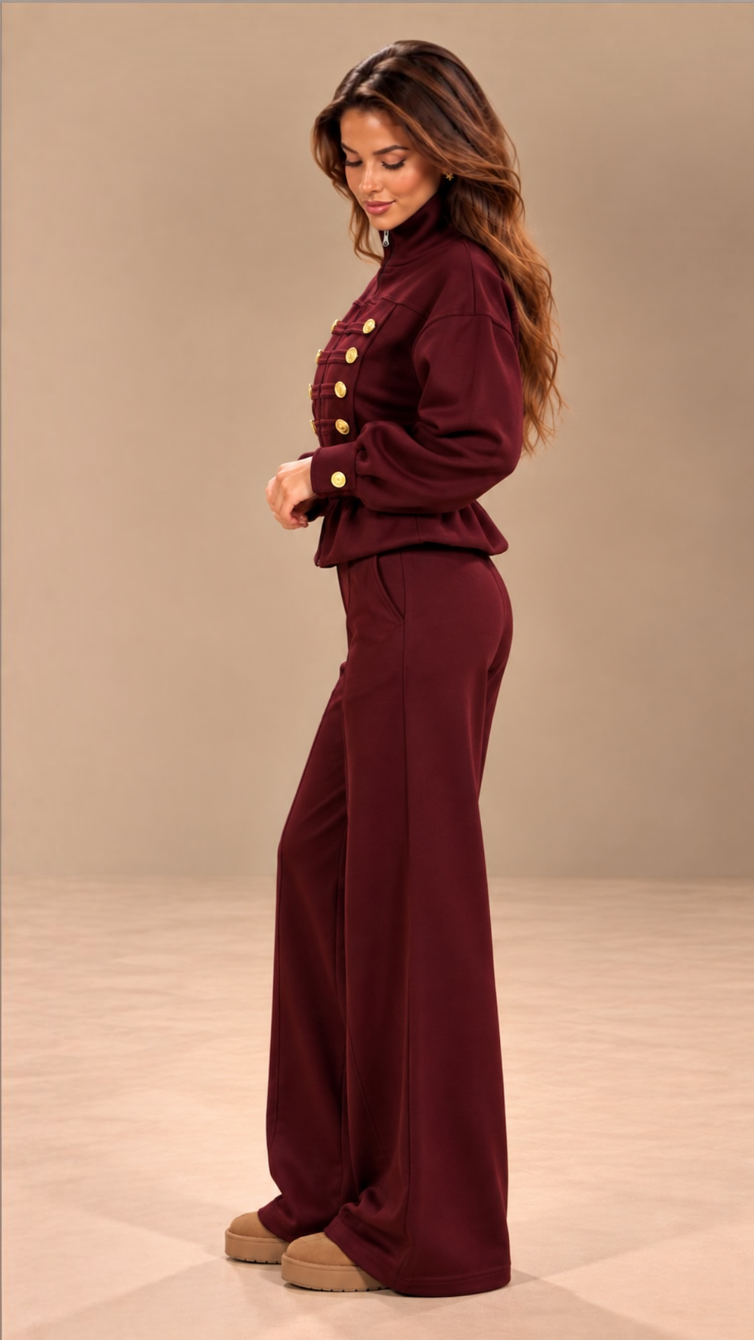 Trening dama burgundi in stil militar cu nervuri decorative si nasturi aurii