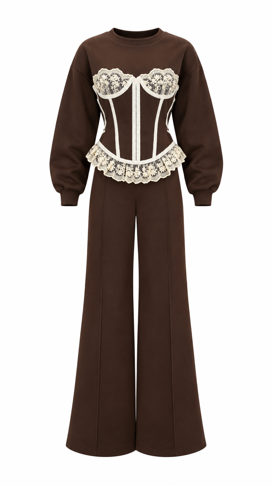 Trening dama maro ciocolatiu cu detaliu tip corset si dantela contrastanta