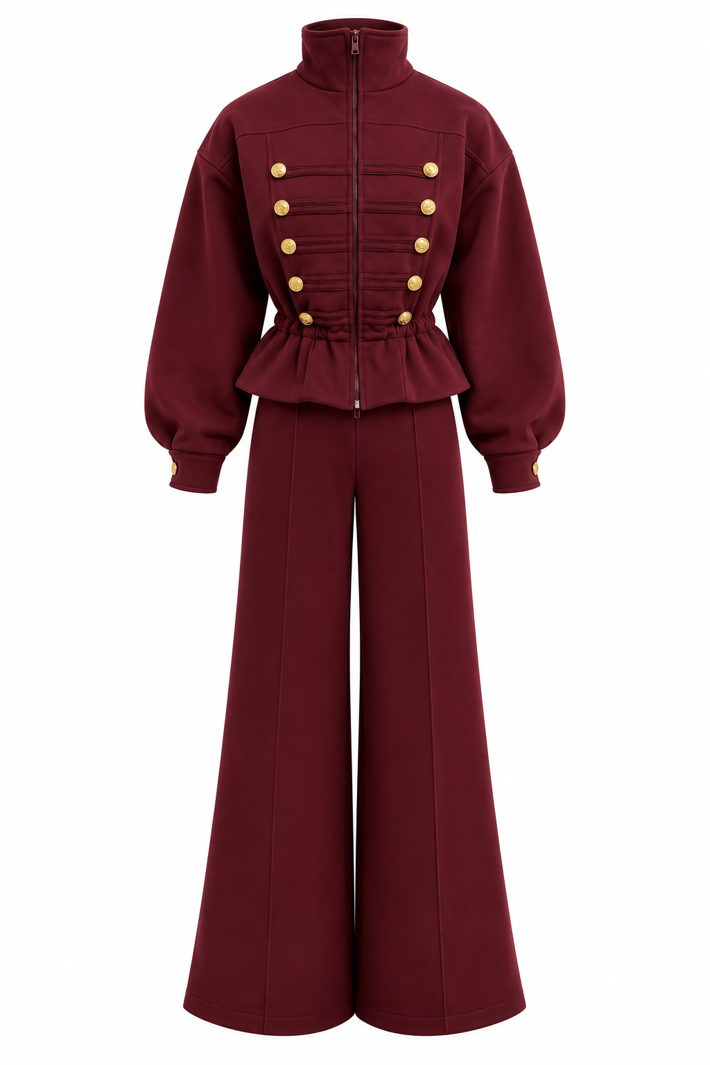 Trening dama burgundy in stil militar cu nervuri decorative si nasturi aurii