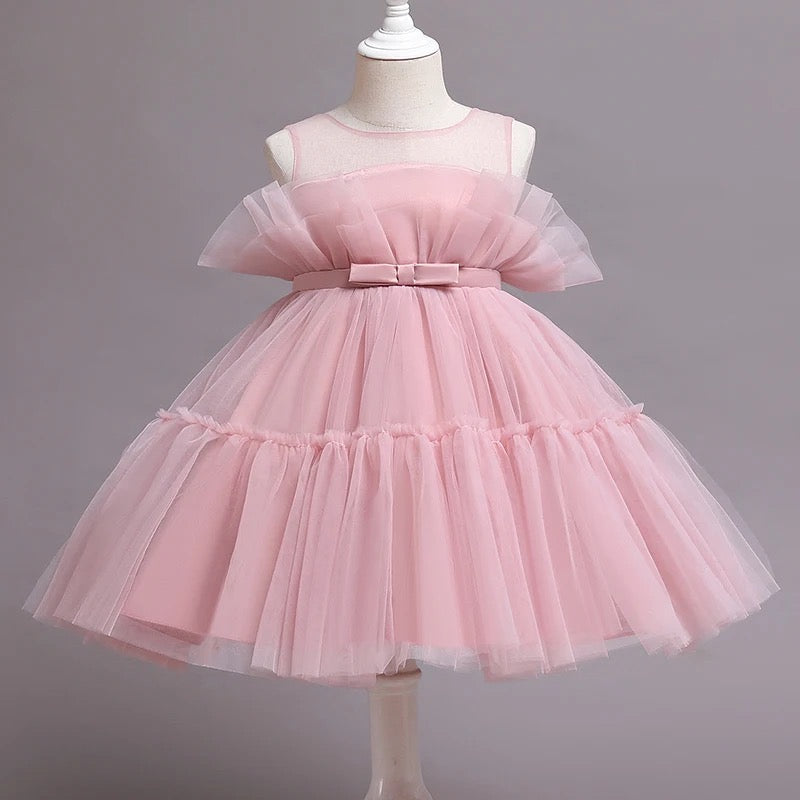 Rochie fete roz pudra din tul cu funda Preciosa