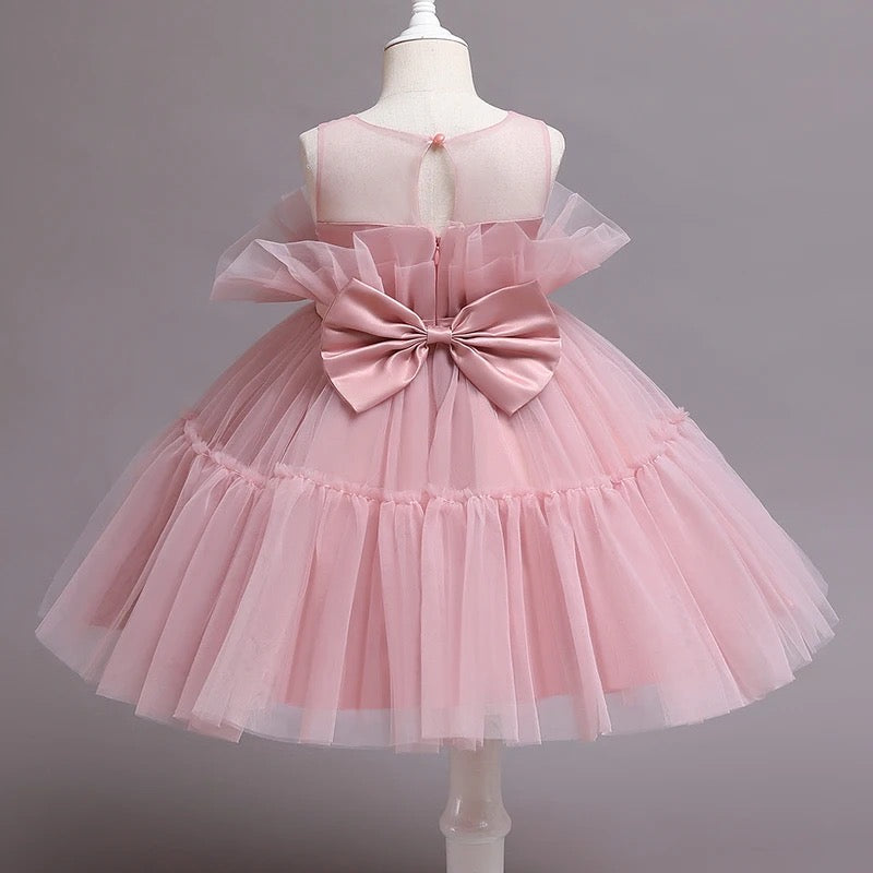 Rochie fete roz pudra din tul cu funda Preciosa