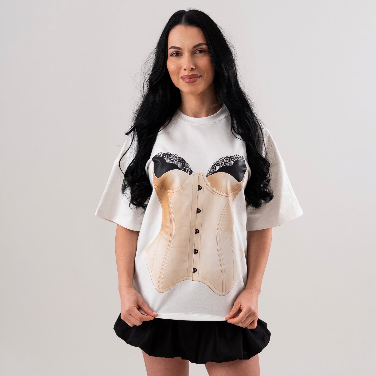Tricou dama alb din bumbac premium cu imprimeu corset