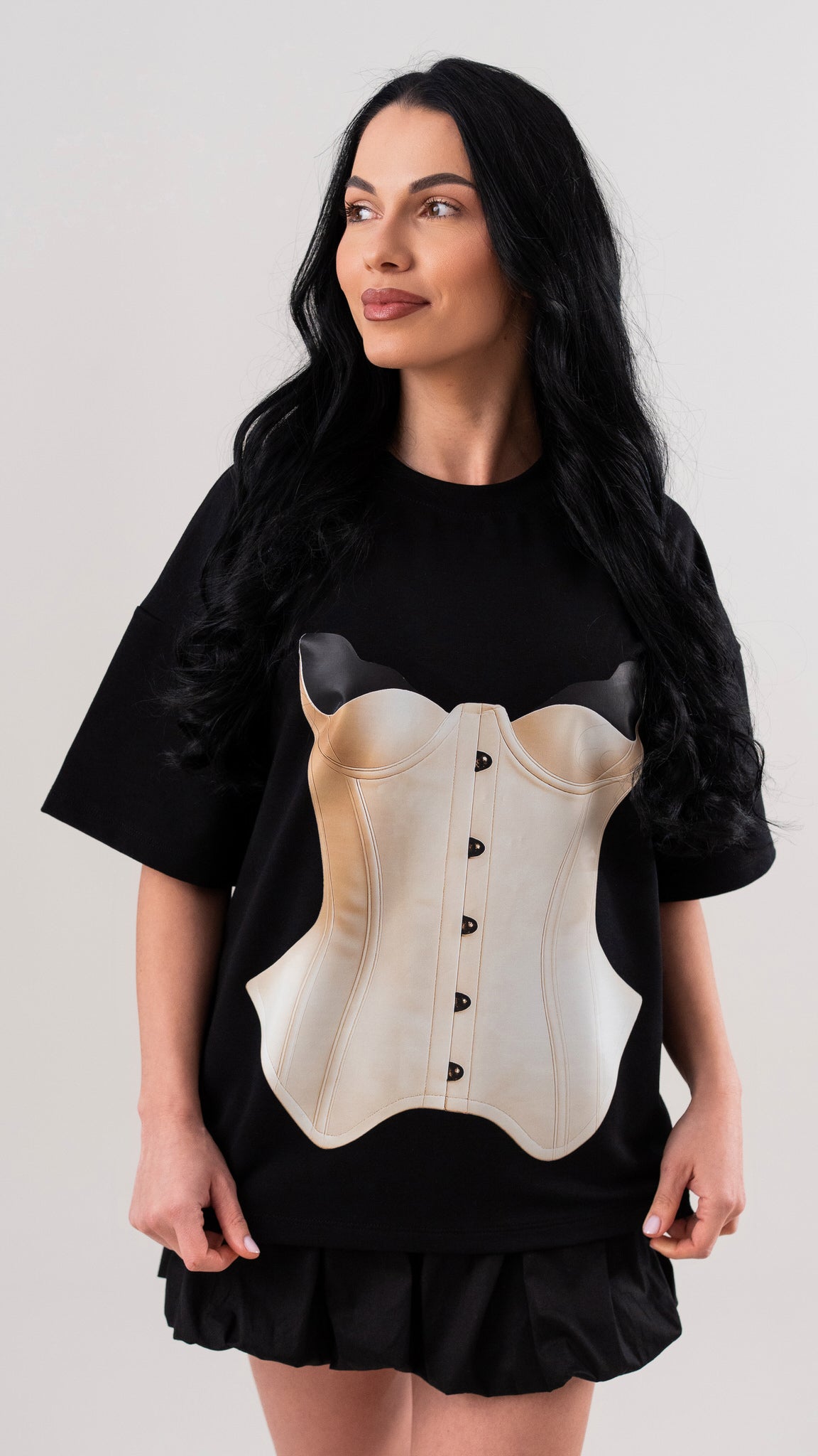 Tricou dama negru din bumbac premium cu imprimeu corset