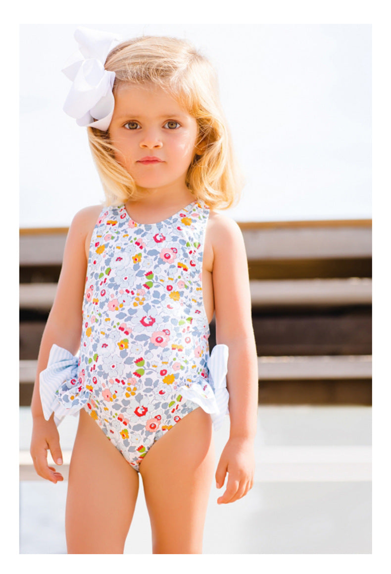 Costum de baie fete cu funde supradimesionate si imprimeu cu flori