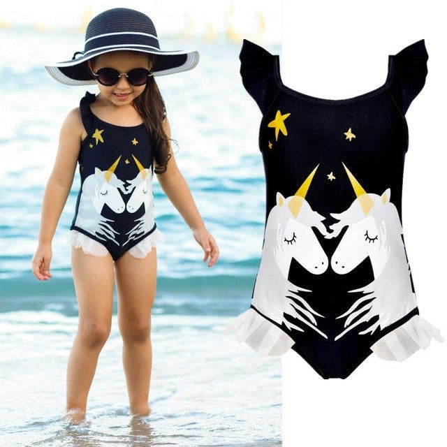 Costum de baie fete cu volane si imprimeu unicorni