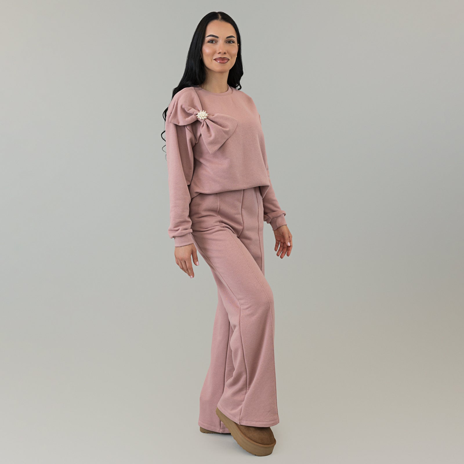 Set treninguri mama fiica roz pudra cu funda supradimensionata decorata cu perle