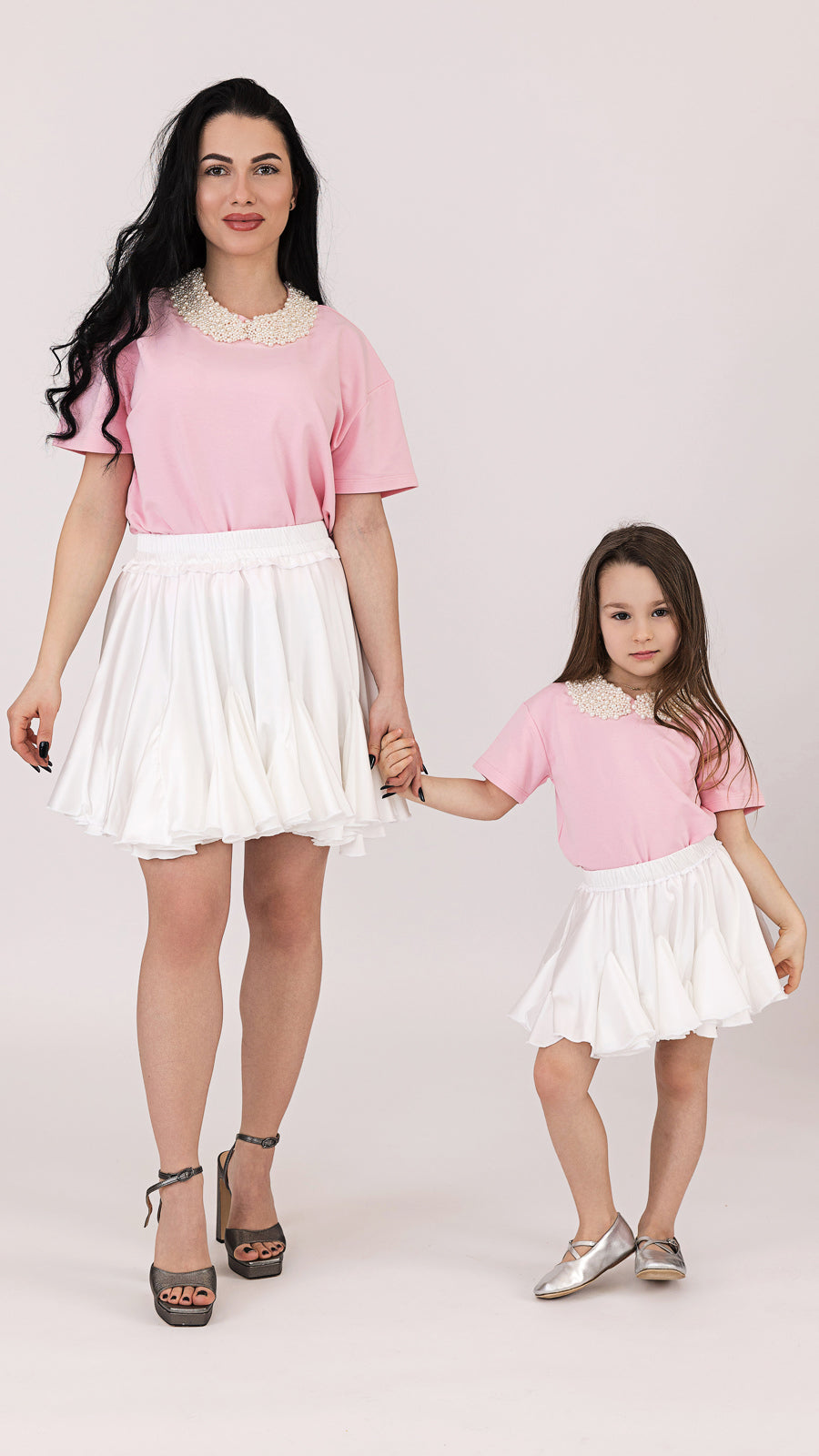 Set tricouri mama fiica roz cu guler cu perle