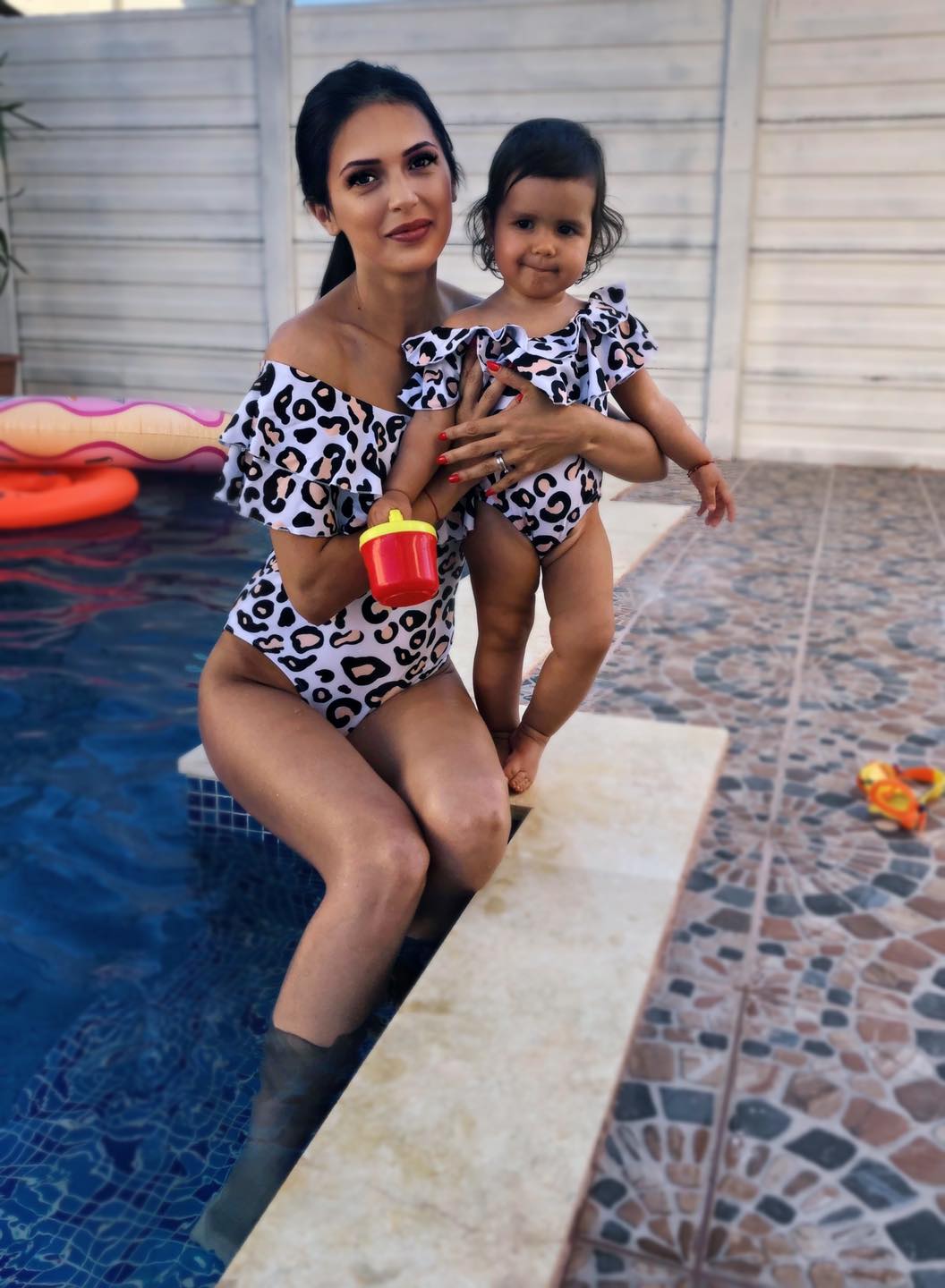 Set 2 Costume de Baie Mama - Fiica - Print Floral Corai