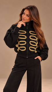 Trening dama negru format din hanorac bomber cu ornamente in stil militar si pantaloni largi