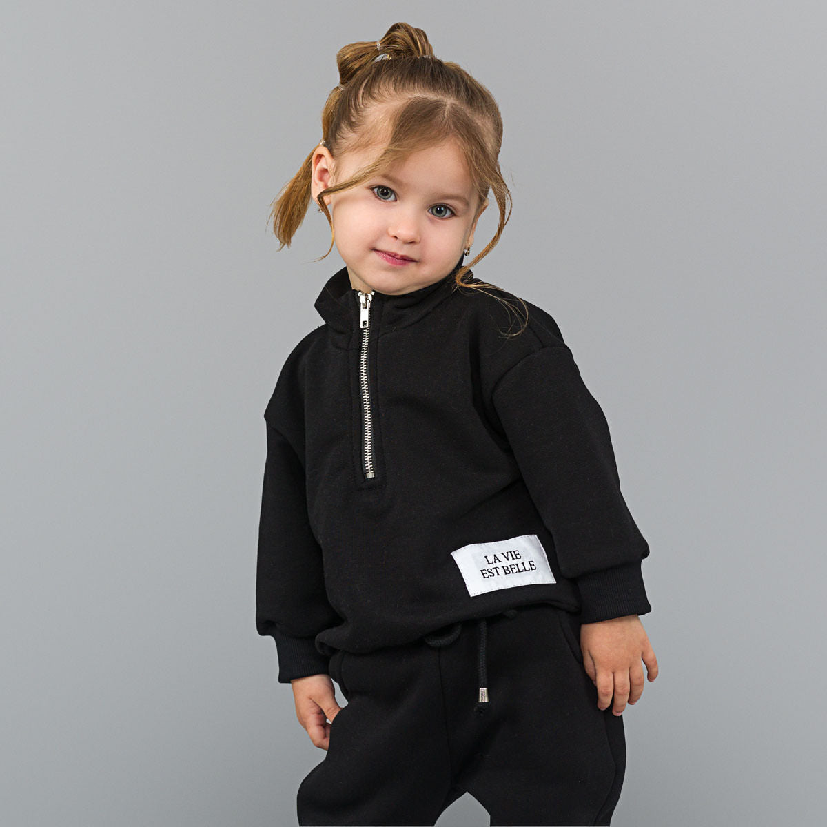 Set hanorace de familie negru cu fermoar si mesaj brodat
