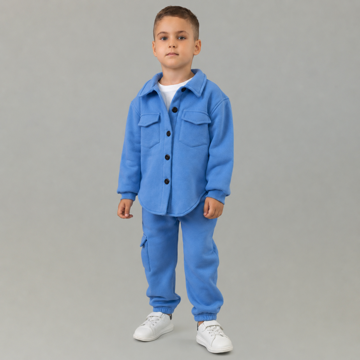 Trening baieti albastru format din jacheta tip camasa si pantaloni jogger