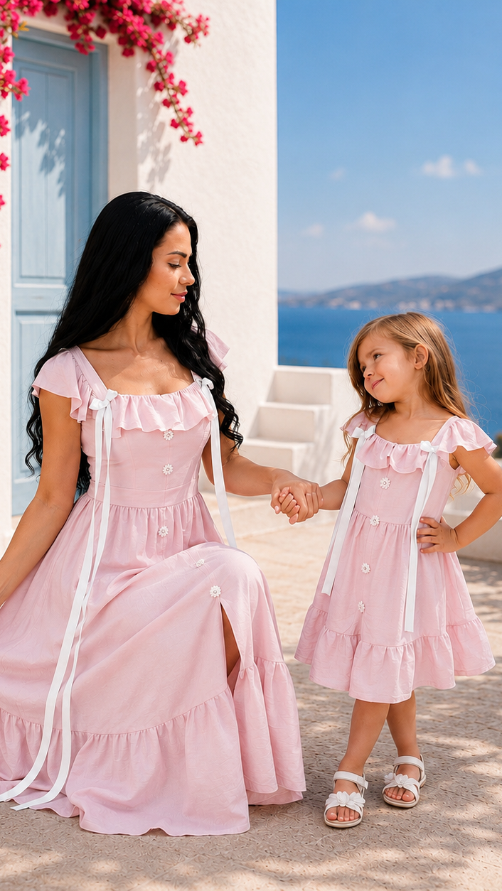 Set rochii mama fiica roz cu volane, nasturi decorativi si funde albe satinate