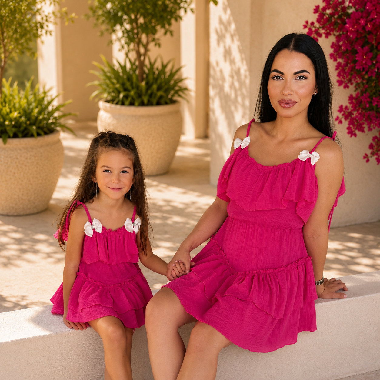 Set rochii mama fiica din muselina magenta cu trena, volane si funde aplicate