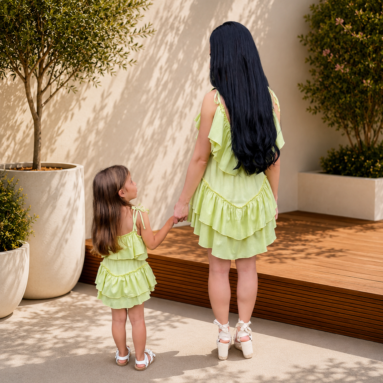 Set rochii mama fiica lime din in cu trena si volane