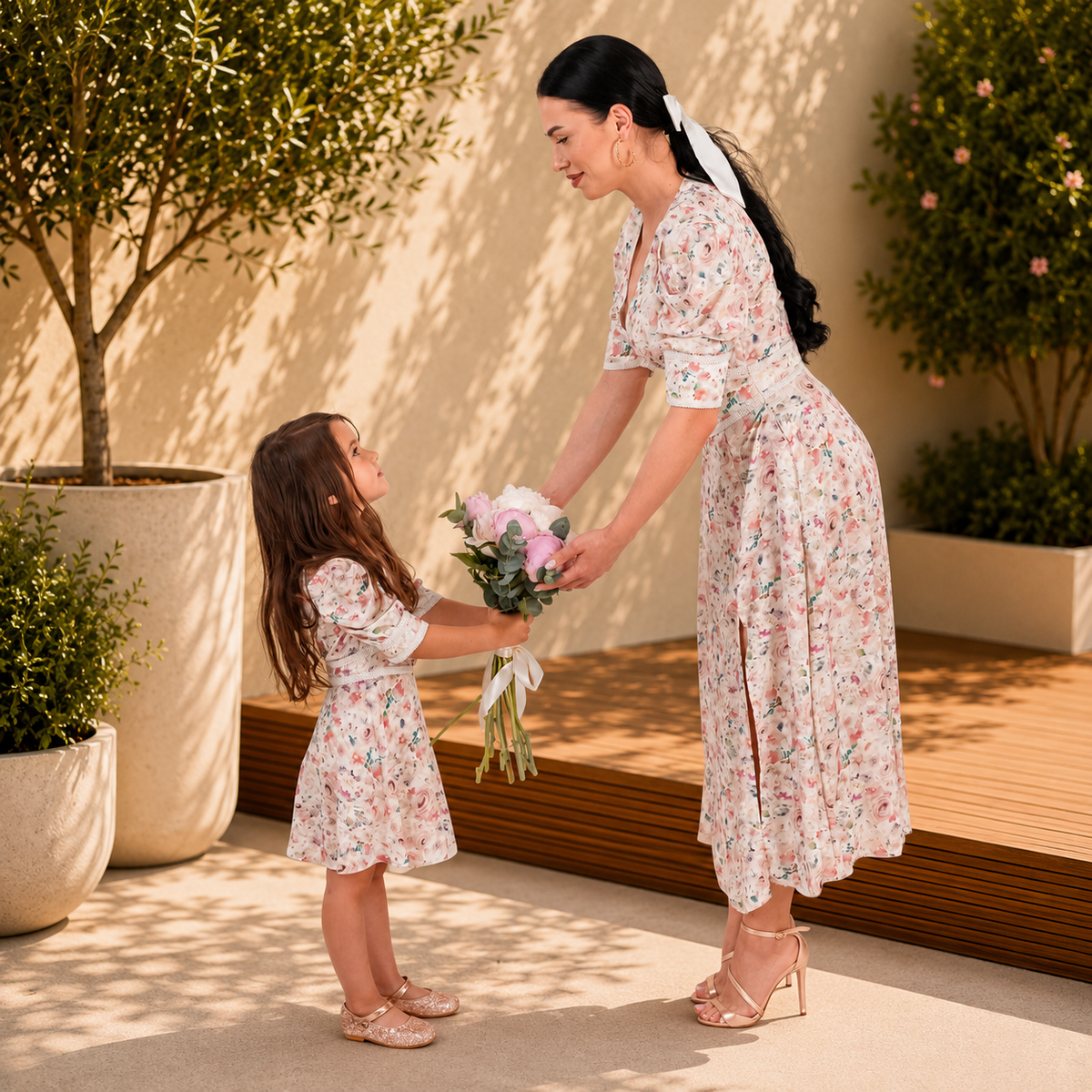 Set rochii mama fiica midi cu imprimeu floral roz