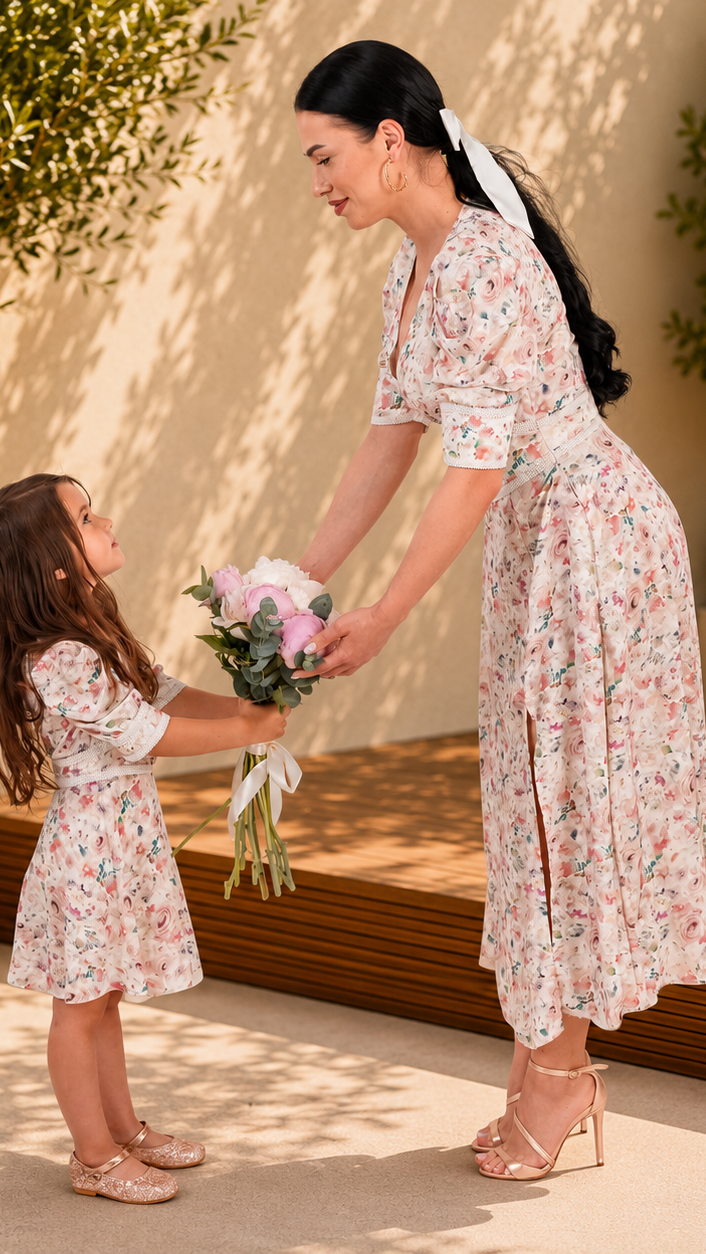 Set rochii mama fiica midi cu imprimeu floral roz