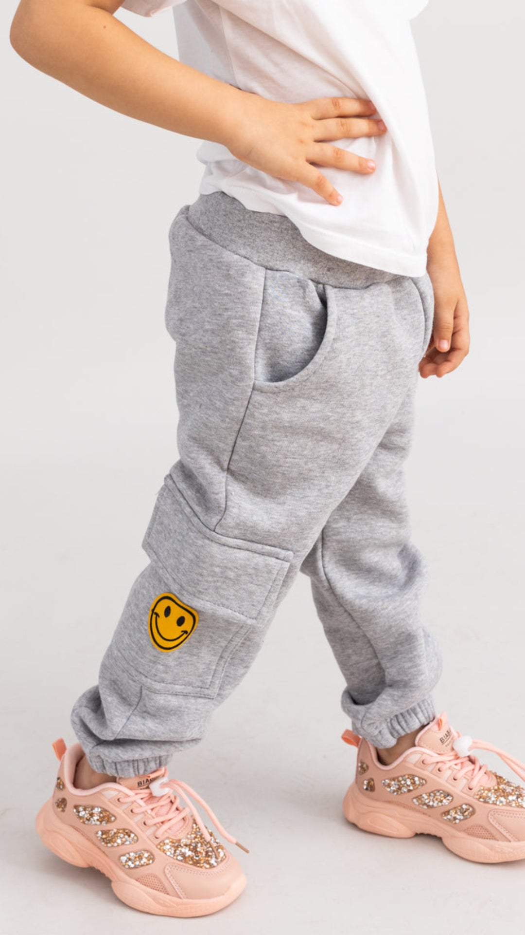 Pantaloni trening fete cargo gri melange - Smiley Face