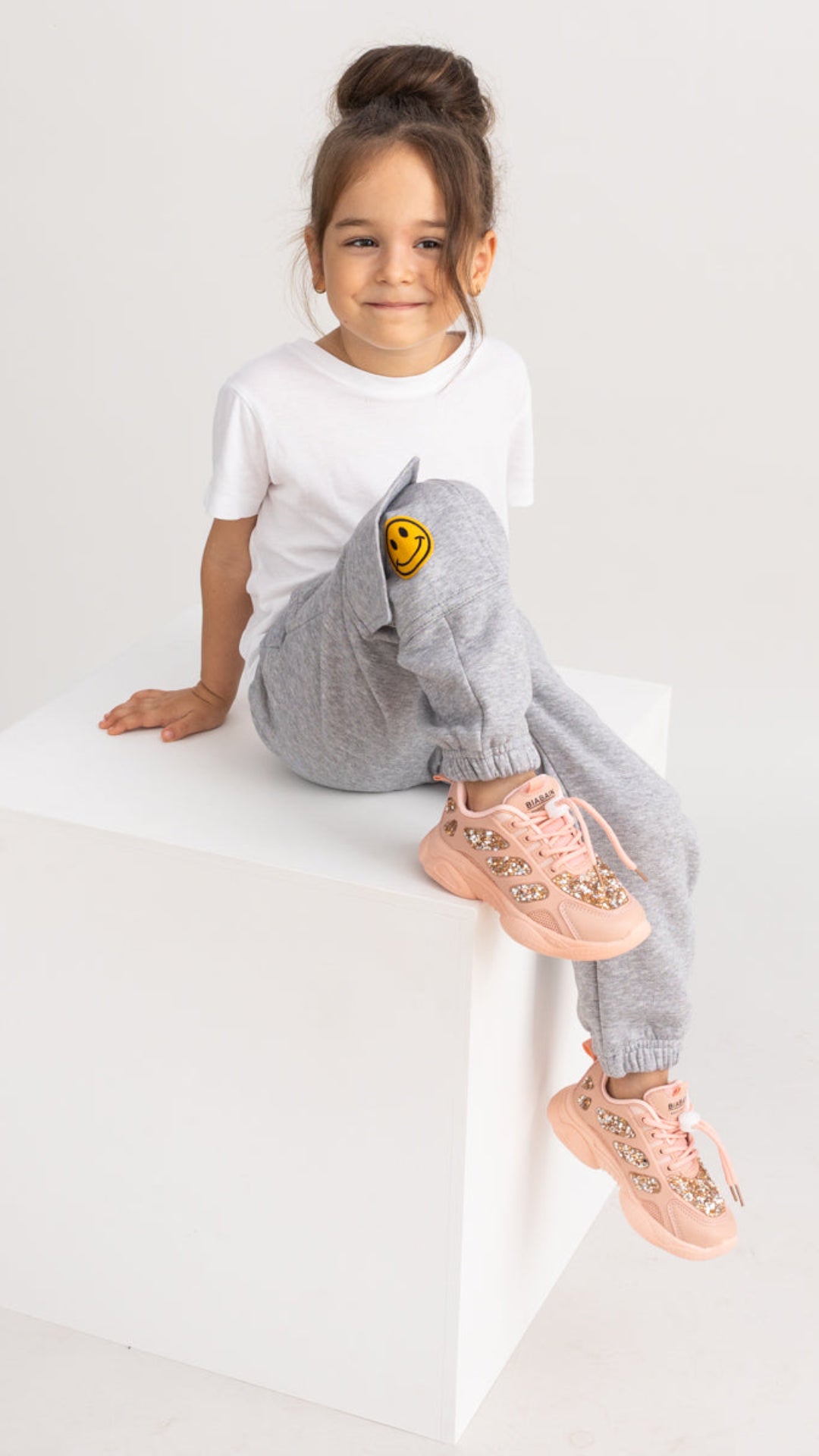 Pantaloni trening fete cargo gri melange - Smiley Face