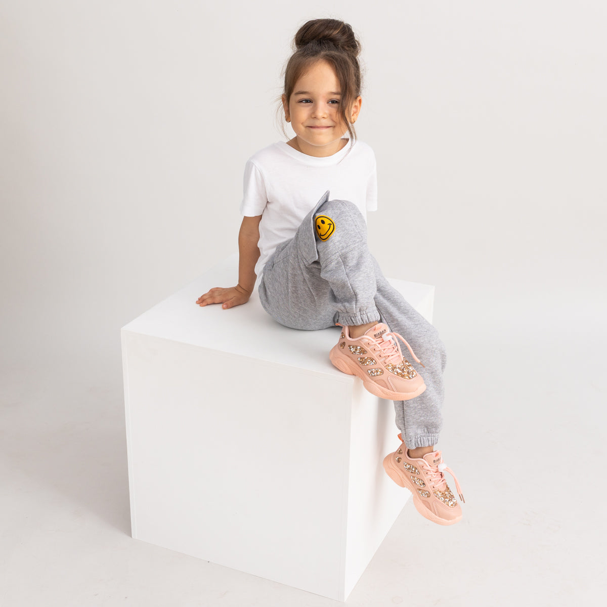 Pantaloni trening fete cargo gri melange - Smiley Face