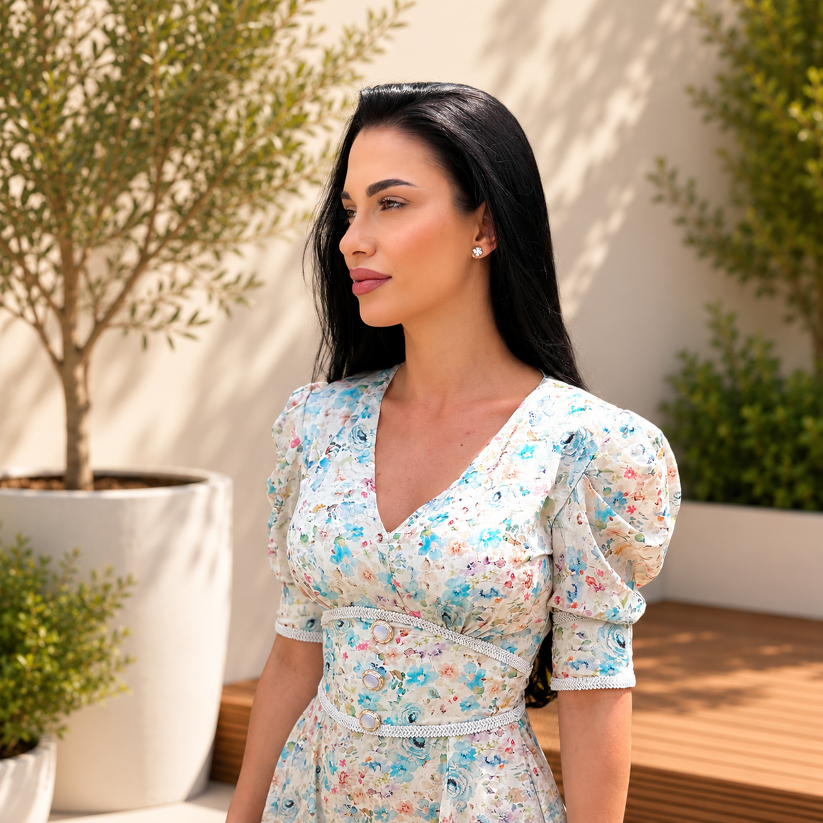 Rochie dama midi cu imprimeu floral bleu