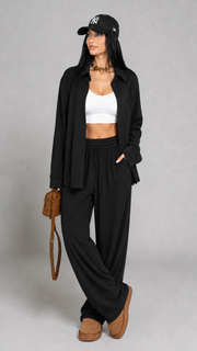 Trening dama negru format din camasa oversize si pantaloni largi