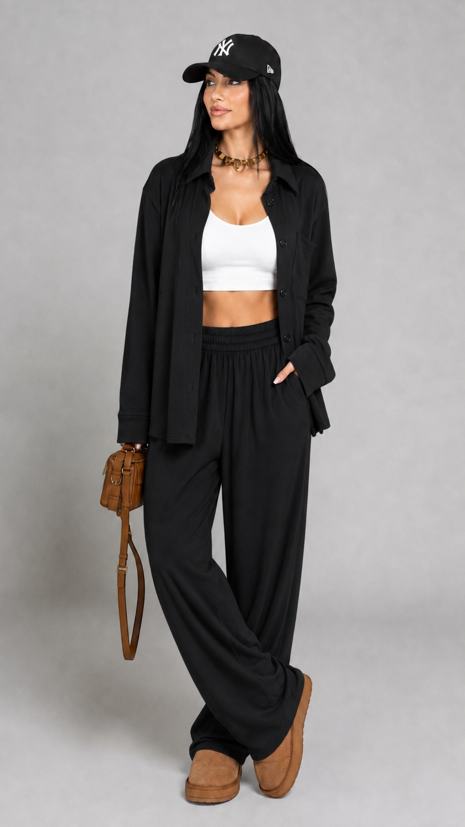 Trening dama negru format din camasa oversize si pantaloni largi
