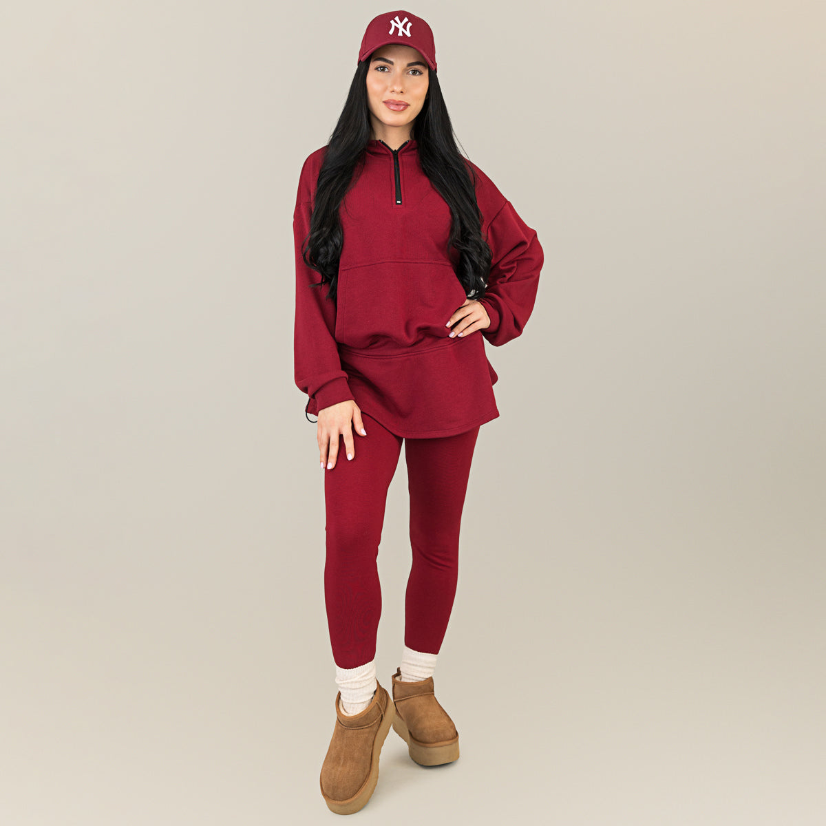 Hanorac dama burgundy oversize cu gluga