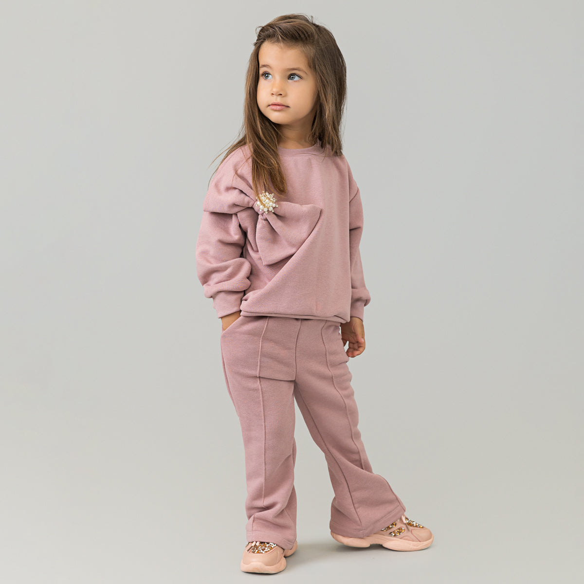 Set treninguri mama fiica roz pudra cu funda supradimensionata decorata cu perle