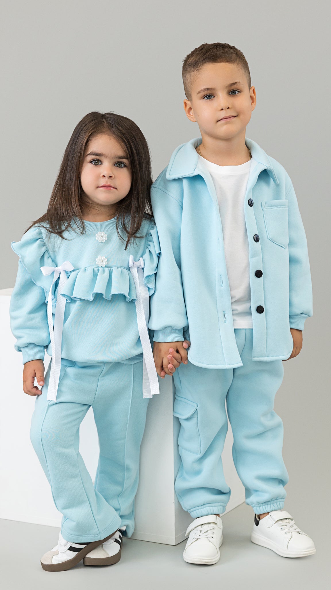 Trening copii bleu format din jacheta tip camasa si pantaloni jogger