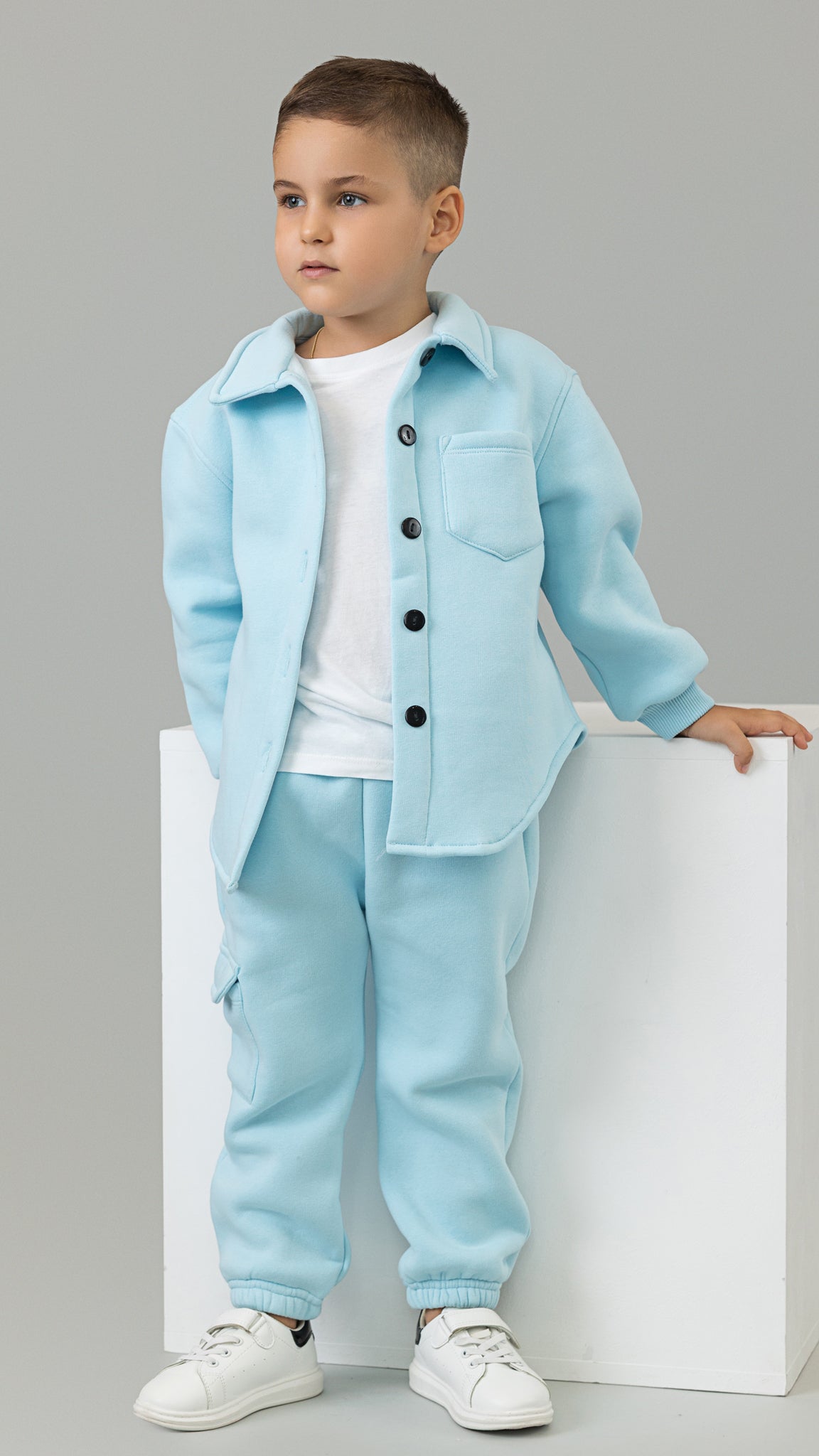 Trening copii bleu format din jacheta tip camasa si pantaloni jogger
