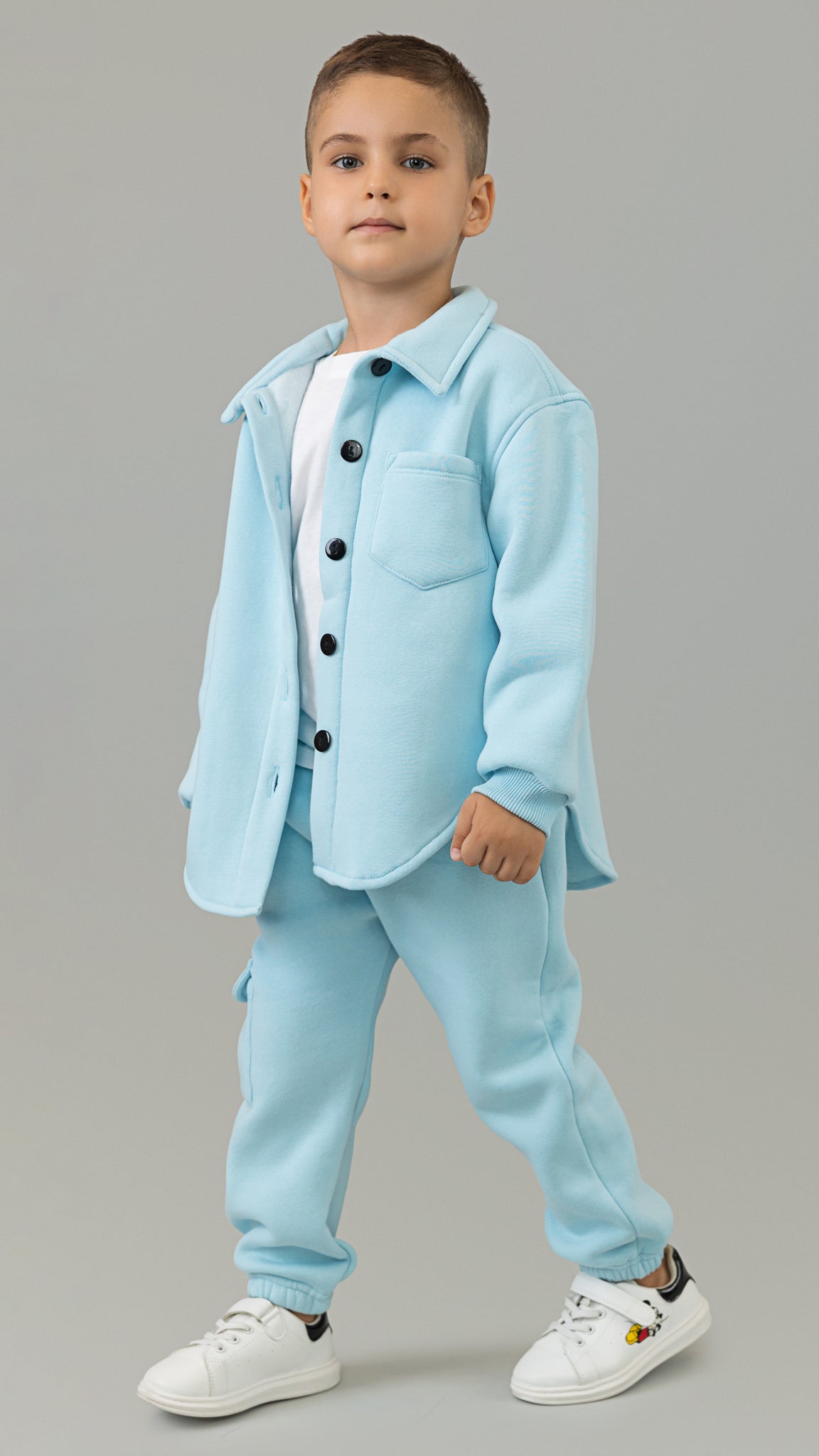 Trening copii bleu format din jacheta tip camasa si pantaloni jogger