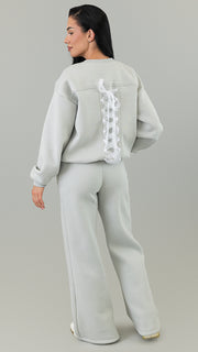 Trening dama gri cu funda din organza si detaliu corset la spate