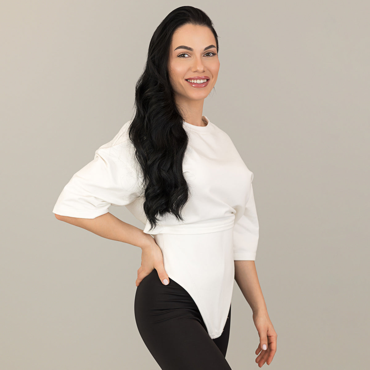 Tricou off white din bumbac premium cu corset