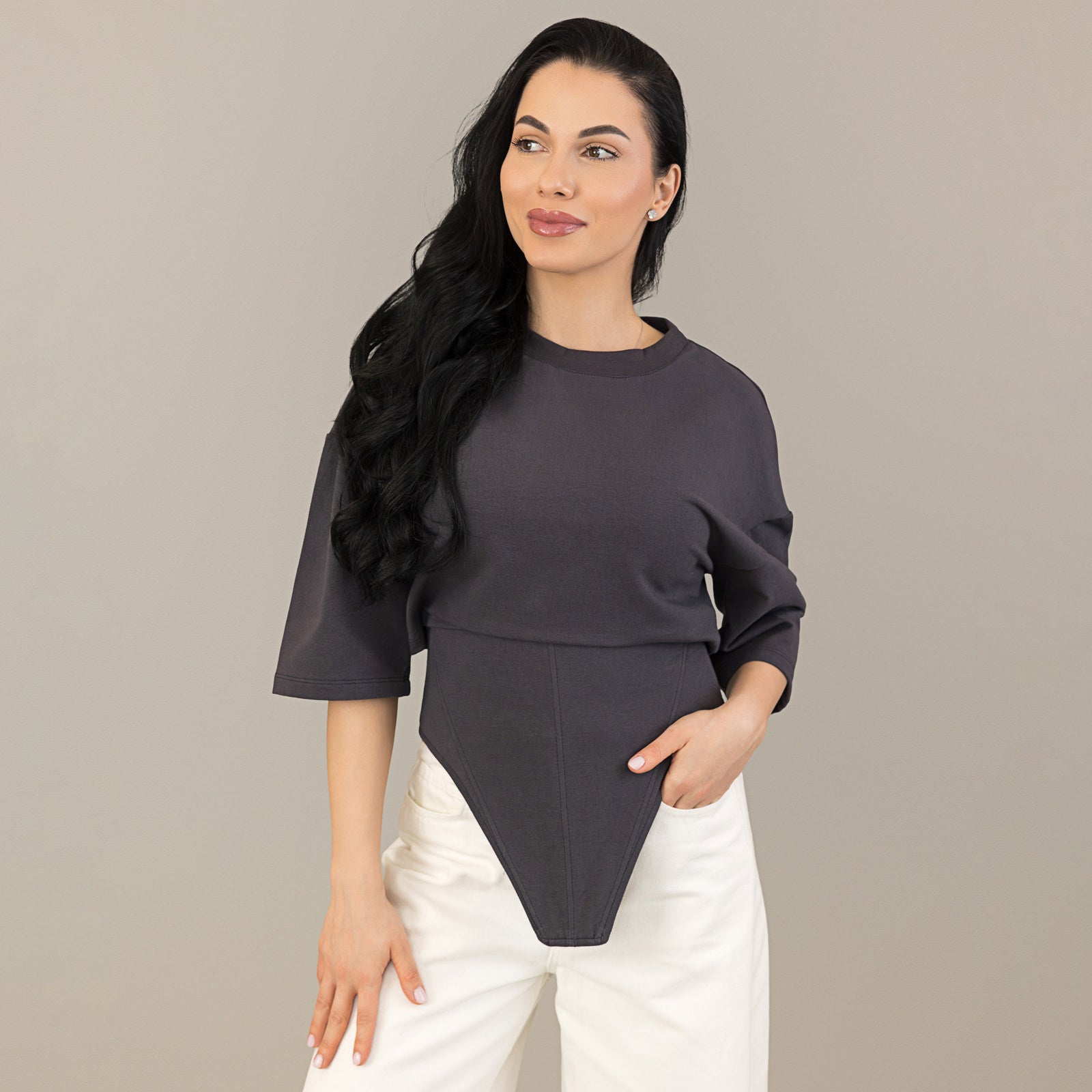 Tricou grafit din bumbac premium cu corset