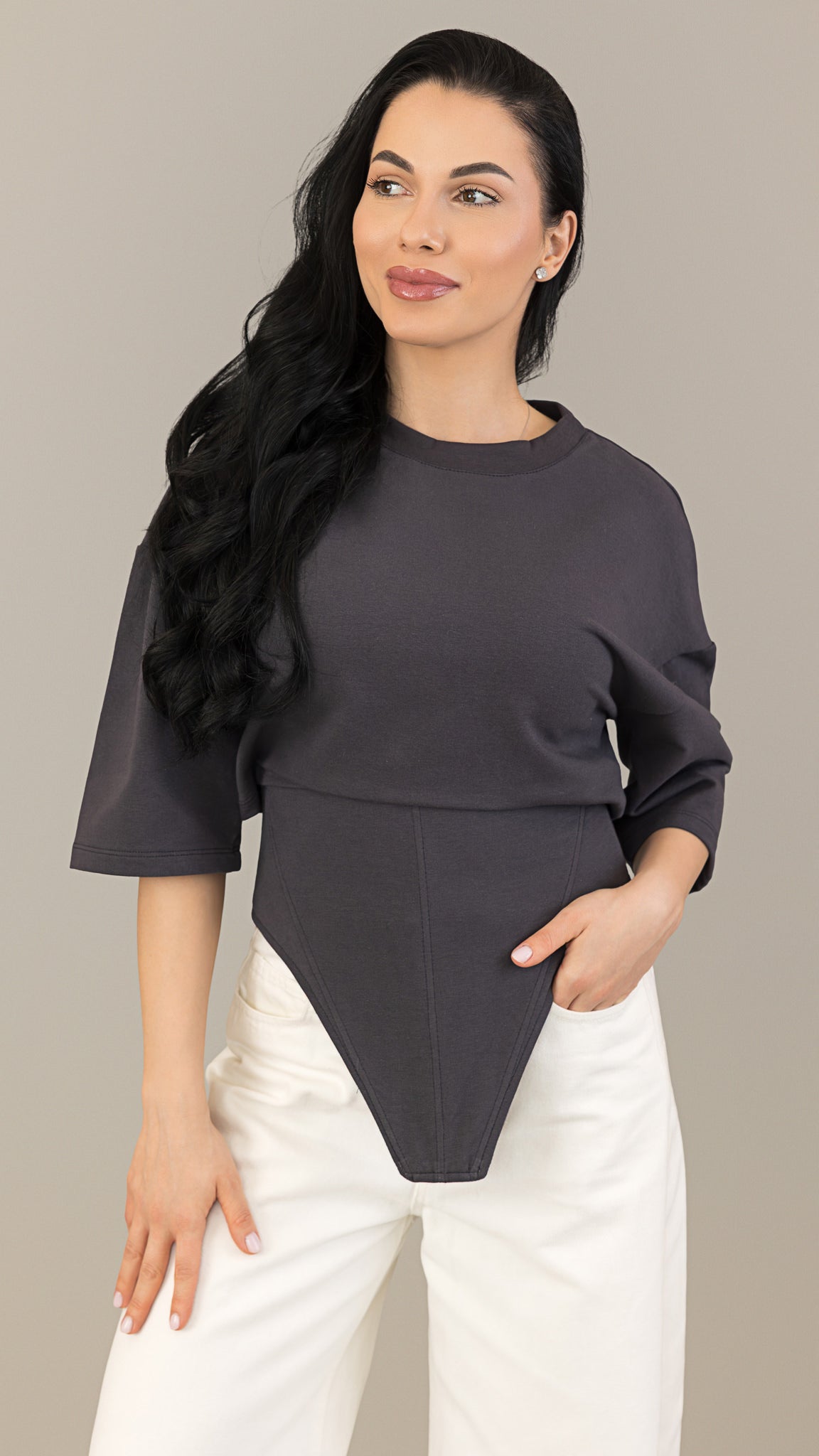 Tricou grafit din bumbac premium cu corset