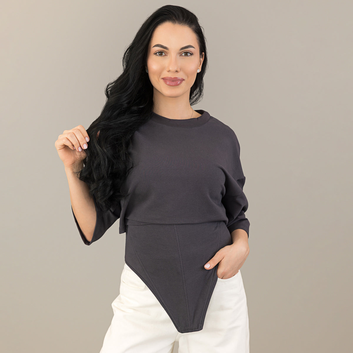 Tricou grafit din bumbac premium cu corset