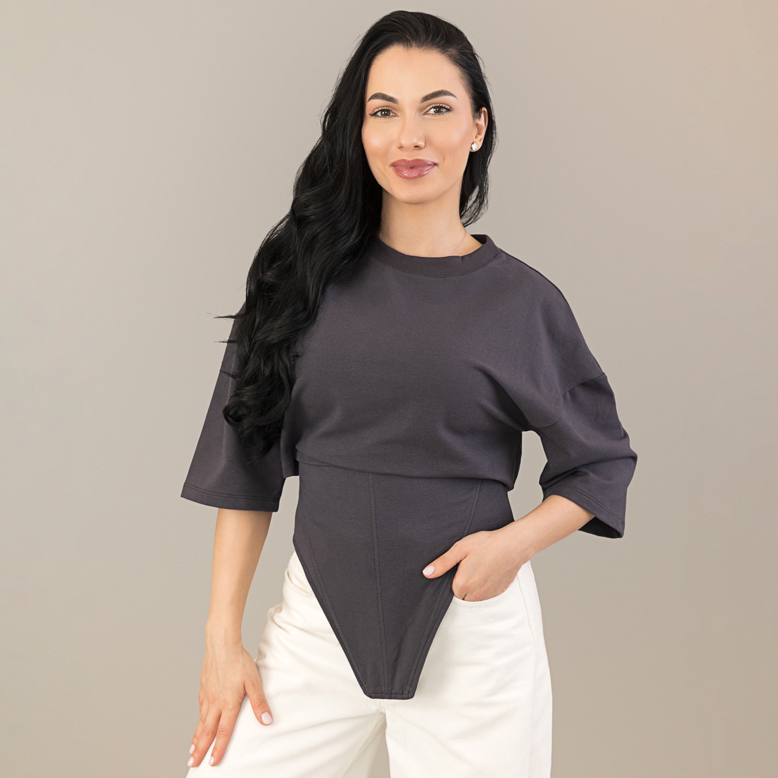 Tricou grafit din bumbac premium cu corset