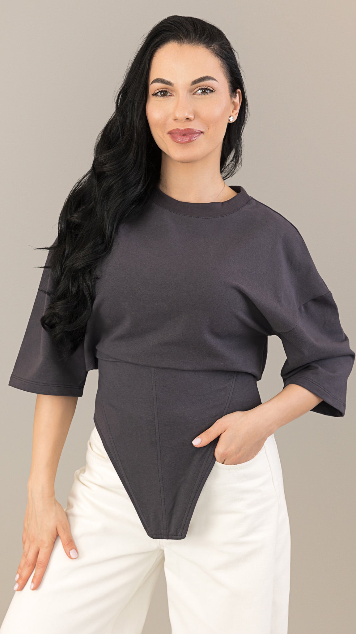 Tricou grafit din bumbac premium cu corset