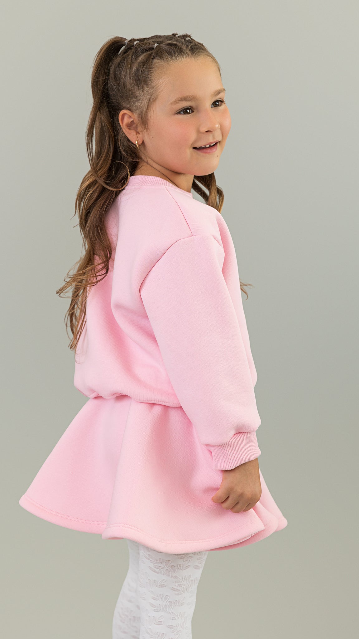 Compleu fete roz - bluza cu imprimeu si fusta in clos