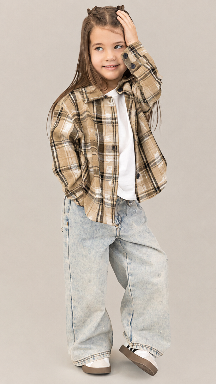 Camasa fete in carouri crem-negru, oversize, cu perforatii fine