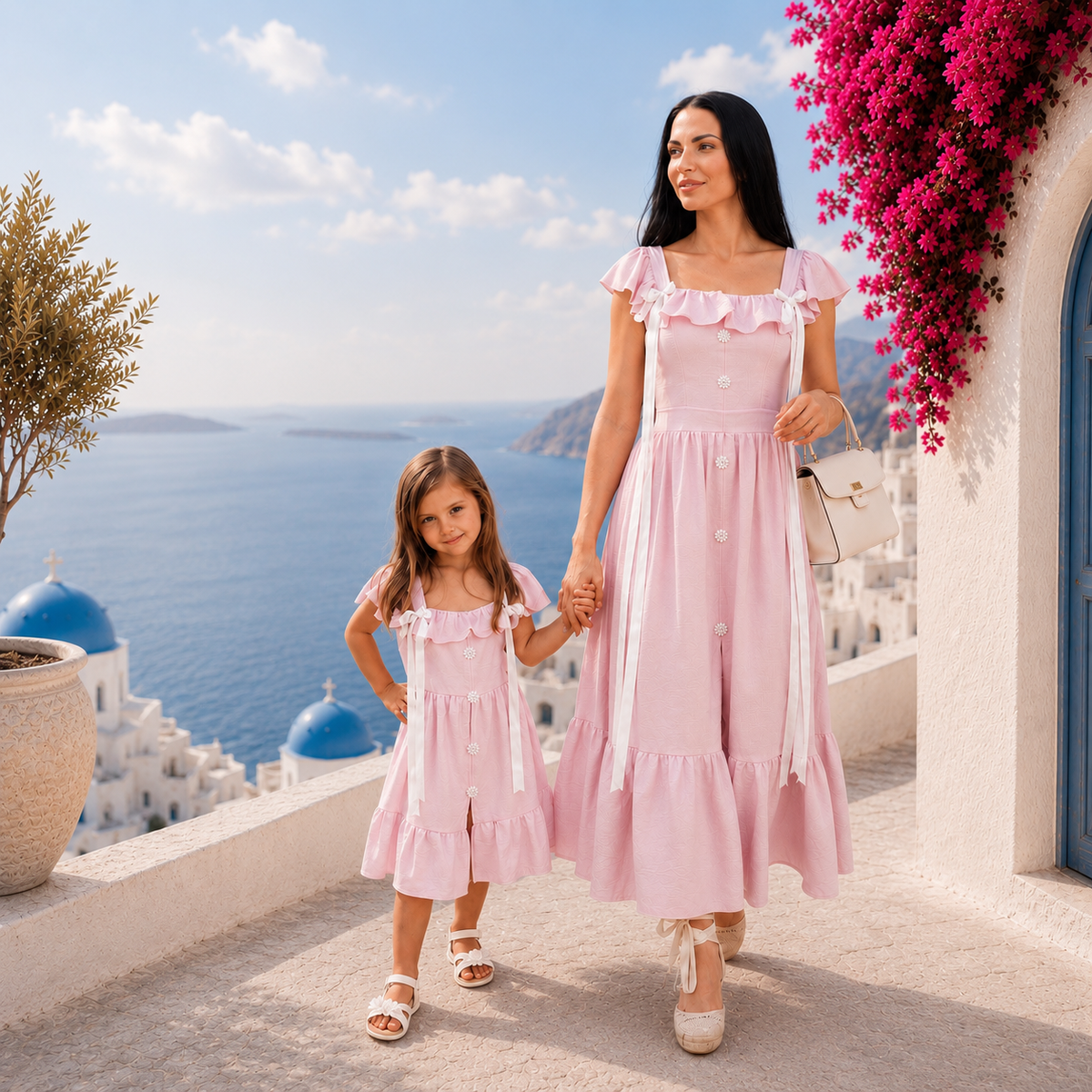 Set rochii mama fiica roz cu volane, nasturi decorativi si funde albe satinate
