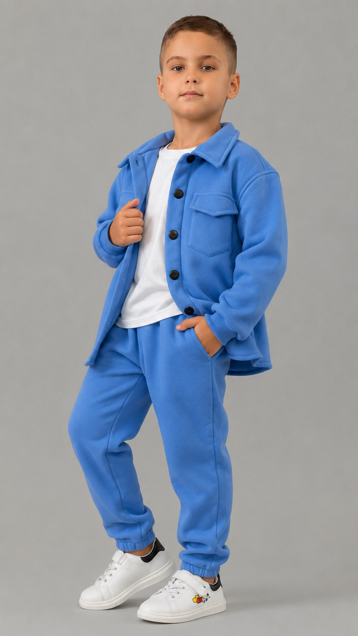 Trening baieti albastru format din jacheta tip camasa si pantaloni jogger