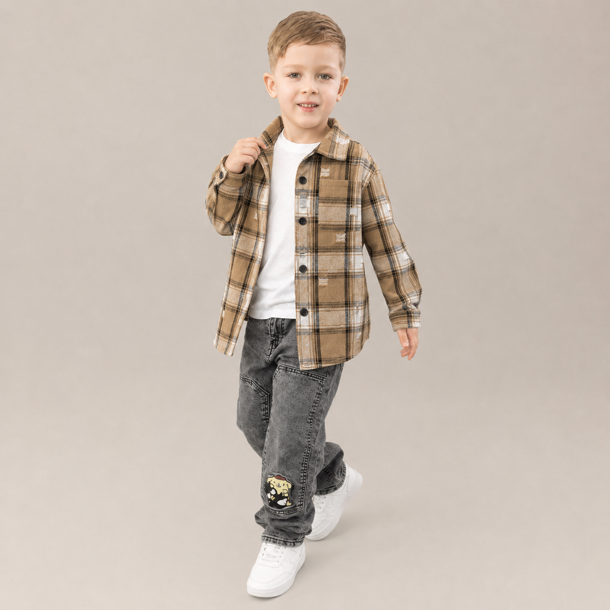 Camasa baieti in carouri crem-negru, oversize, cu perforatii fine