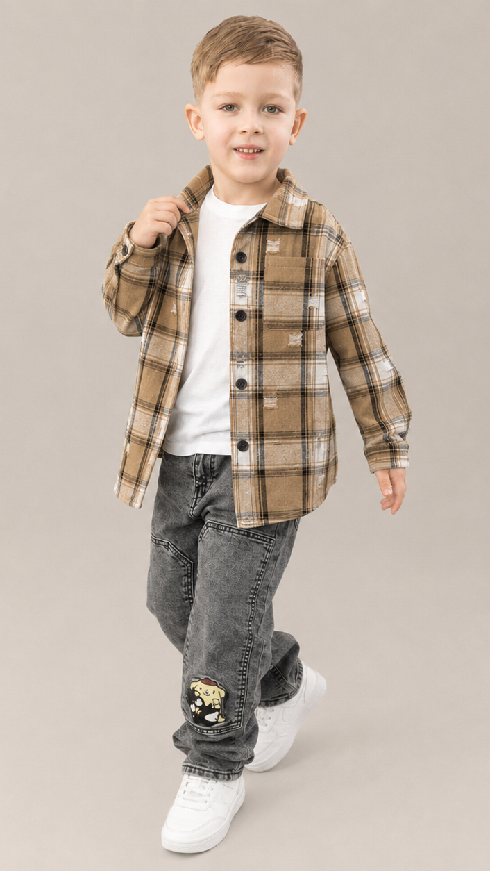 Camasa baieti in carouri crem-negru, oversize, cu perforatii fine