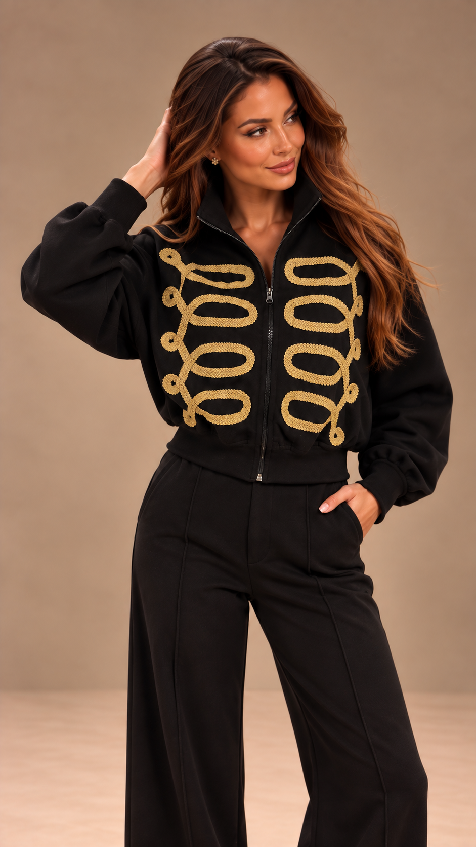 Trening dama negru format din hanorac bomber cu ornamente in stil militar si pantaloni largi