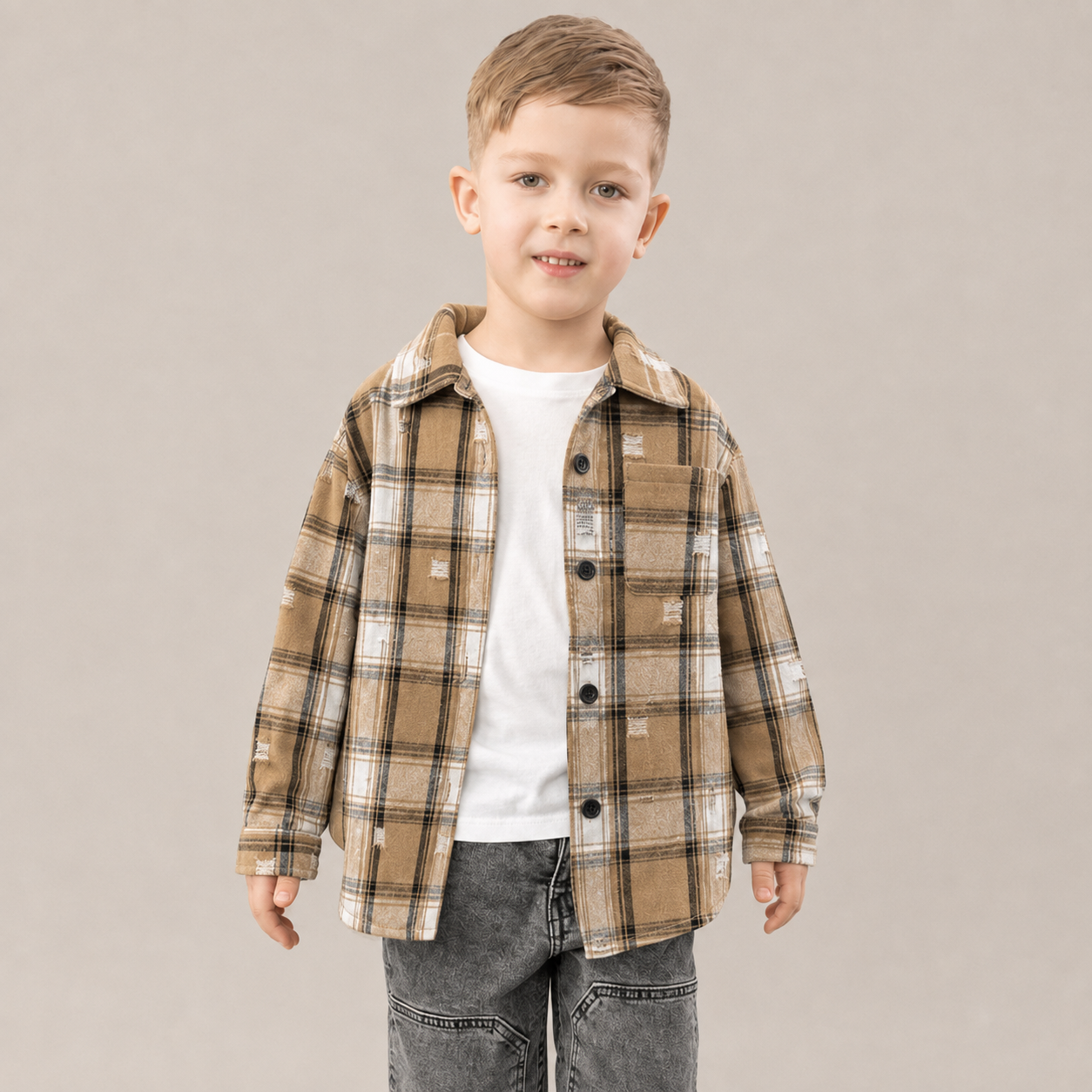 Camasa baieti in carouri crem-negru, oversize, cu perforatii fine