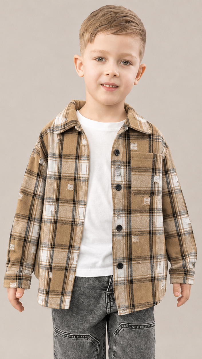 Camasa baieti in carouri crem-negru, oversize, cu perforatii fine