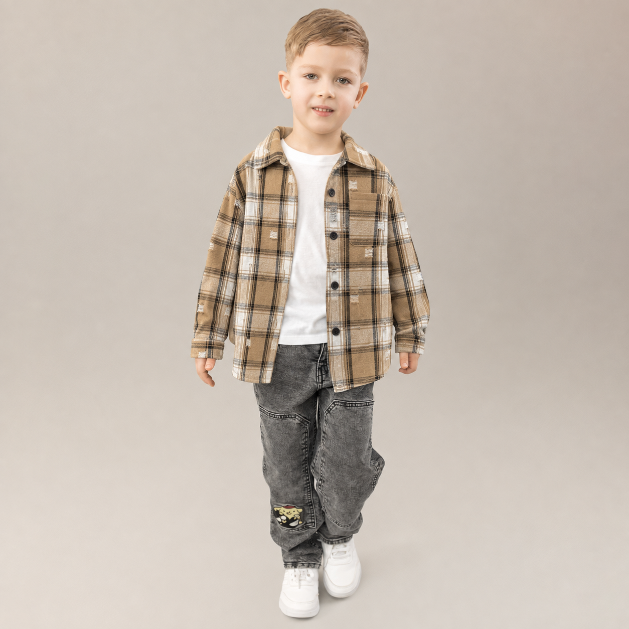 Camasa baieti in carouri crem-negru, oversize, cu perforatii fine