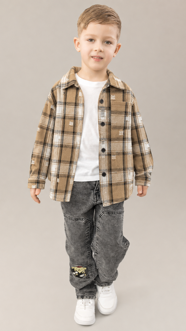 Camasa baieti in carouri crem-negru, oversize, cu perforatii fine