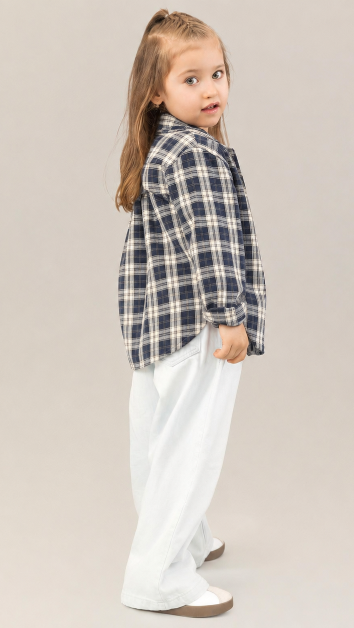 Set camasi mama copil in carouri bleumarin-crem, oversize